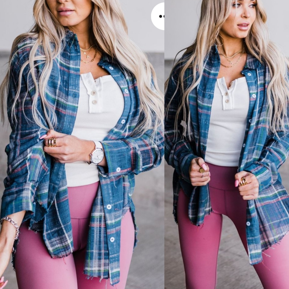 . Mindy Mae's Market Navy Plaid Frayed Button Up Shirt